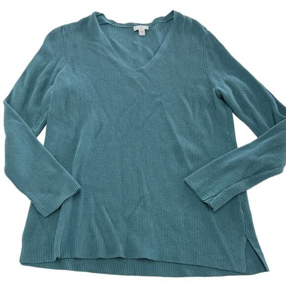 J.Jill Sweater Womens Small Blue Green Ribbed Knit V Neck Cotton - Picture 2 of 9